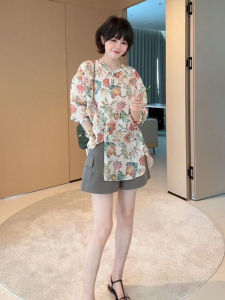 YUFUQING | French Vintage Print Round Neck Long Sleeve Shirt Women Spring New High-End Loose Personality Luxury Top Polyester Fiber Short Sleeve