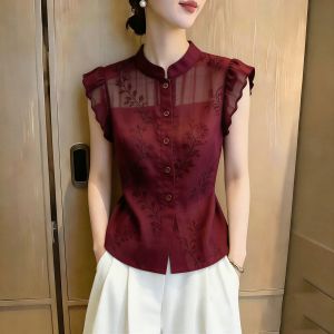SHUAIYUE | Áo Sơ Mi Dây Ruy Băng Cổ Đứng Thêu Hoa Văn Elegance Pháp Màu Đỏ