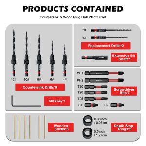 EZARC 24PCS Countersink Drill Bit Set Tapered Drill Bits Counter Sink Drill Bit with 6PCS Wooden Sticks 1/4" Hex for Woodworking