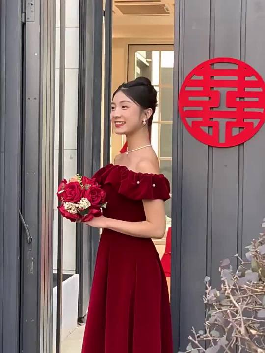engagement dress malaysia Red Velvet One Shoulder Wedding Spring New Arrival Bridal Gown Party Long Evening Skirt High Waist Korean Style Bridal dress Size:US         8 scm-category-booties Contrast Crossover Strap Mini
