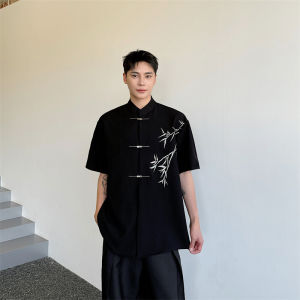 Summer New Chinese Style Short Sleeve Stand Collar Embroidered Bamboo Leaf Shirt Men Versatile High-End Feeling Half Sleeve Shirt