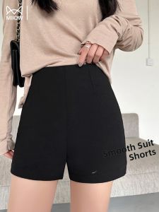 MiiOW | Black High Waist Straight Leg Loose Casual Short Pants Womens Summer Suit Style Loose Fit Miniature Draping Five-Quarter Length