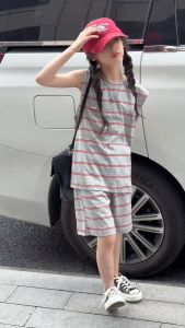 Terbaru Korean Style Setelan Anak Laki-laki Set T-shirt Lengan Pendek Garis-Garis+Celana Garis-Garis Baju Style Terbaru Baju Laki-laki
