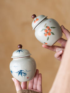 Painted Grass and Wood Gray Hand-Painted Small Tea Jar Sealed Jar Chinese Retro Ceramic Tea Container Moisture-Proof For Home Small Size