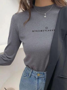 สีเทาเข้ม ครึ่งสูง ปกเสื้อ เสื้อสเวตเตอร์ถัก ผู้หญิง ฤดูใบไม้ร่วง ฤดูหนาว สลิมฟิต เสื้อตัวในสวมเสื้อด้านบนเดินทาง สไตล์เกาหลี สูง เอว