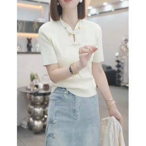 New Chinese Style Knitted Short Sleeve T-Shirt Womens Slim Fit Button up Stand Collar Top Early Autumn Fashion Retro Workwear