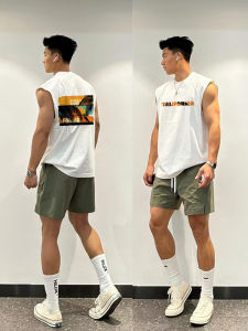 American Style Cotton Hip Hop Shoulder Back Vest Men Summer Heavyweight Pure Cotton Fashion Small Collar Sleeveless Top