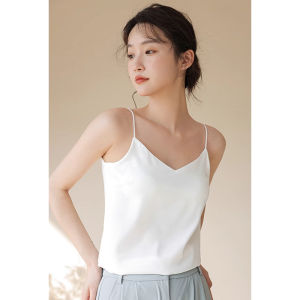 chaqi | White V-neck Short Sleeve Womens Blouse Summer Outerwear Design Loose Fitting Silk Vest Top Commute Style Pure Color