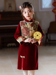 Girls Cheongsam Dress Red New Year Visit Clothes Childrens Traditional Chinese Style Winter Fashionable Rabbit Brand Long Sleeve
