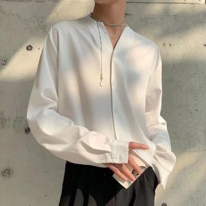 Summer Drape Retro V-neck Ice Silk Long Sleeve Shirt Mens Versatile Stand Collar Handsome Shirt Trendy Ins Thin Tops