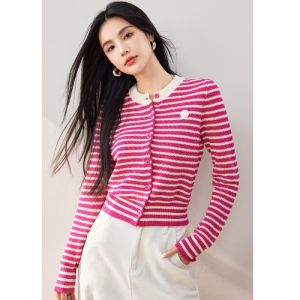 Áo Len Dệt Kim Màu Đỏ Kẻ Sọc Cổ Tròn Dài Tay Phong Cách Little Black Dress Áo Khoác Ngoài Đầu Thu Mới Giảm Tuổi Tác Áo Sơ Mi