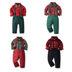 【Midnight store】 Childrens Christmas Suits Long-sleeved Cotton Plaid Shirts Christmas Eve Bib Pants Clothing