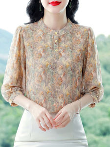DAIXIANGFEIZI | Floral Chiffon Blouse Three-quarter Sleeve Top