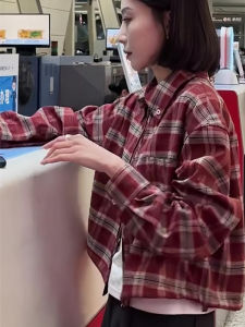 French Style Red Plaid Shirt Womens Loose Short Coat Top Trendy Ladies Fashion Autumn Winter New Arrival POLO Collar Button up