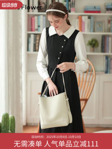 Black French Vintage Fake Two-Piece Dress Womens Autumn New Style Commute Slimming Shirt Dress High Waist A-Line Skirt