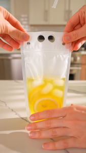 【Hot sale】Portable Carry Drink Pouch with Handle Leak Proof for Juice Smoothie & Soy Milk 透明自立袋
