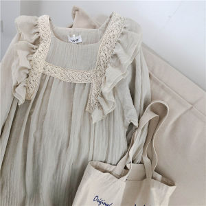 Long Sleeve Cotton Linen Sleep Dress for Women Spring Summer 2023 New Style Court Princess Spacious Ruffles Homewear