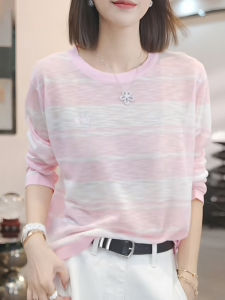 Shalldoer | Áo len dệt kim dài tay màu hồng chống nắng phong cách thường ngày nhẹ thoáng khí cho nữ mùa hè thiết kế sọc màu tương phản