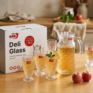 Bộ Bình 1.7L Và 6 Ly Thủy Tinh Đuôi Cá Có Chân 220ml Họa Tiết Vảy Cá Cao Cấp Cực Đẹp Cho Phòng Khách Văn Phòng