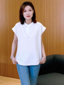 Shalldoer | Loose Fit Casual Short Sleeve T-Shirt Womens Stand Collar Elegant Small Flying Sleeve Summer Slimming Versatile Top