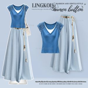 NUMEN BUTTON | Bộ Đồ Dài Size Lớn Thanh Lịch Có Hoa Văn Ren Gọn Gàng
