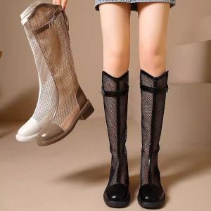 รองเท้าผู้หญิงฝรั่งเศสที่สง่างามในฤดูใบไม้ผลิฤดูร้อนตาข่ายกลวงรองเท้าส้นหนารองเท้าเข่าย้อนยุครองเท้าอัศวินสูงระบายอากาศรองเท้าเย็น