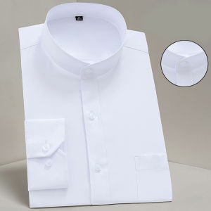 Mens Shirt Long Sleeve Stand-collar (Mandarin Collar) Single Patch Pocket Smart Casual Regular-fit Business Office Dress Shirts