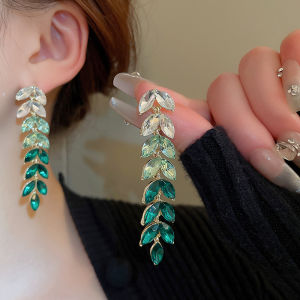 Shiny Green Gradient Color Leaf Rhinestone Drop Earrings Tassel Plant Pendnat Earrings for Women Vintage Party Wedding Jewelry K