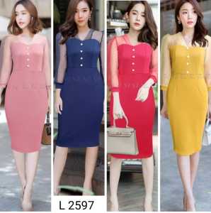DRESS PREMIUM LENGAN PANJANG PUFF BAHAN TILE KOMBINASI SCUBA TERBARU BISA GAUN MIDI MAXI PARTY BODYCON