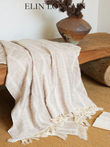 ELIN LONYAIN | Vintage Zen Style Light Beige Wool Blend Fringe Throw Blanket