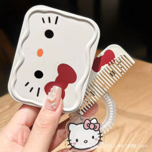Takara Tomy | Anime Hello Kitty Portable Folding Small Mirror Set Kt Cat Cosmetic Mirror Class Pocket Mirror and Comb All-In-One Girl Gifts