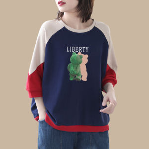 Pure Cotton round Neck T-Shirt Women Summer Casual Loose Sleeve Printed Splice Color Large Size Full Cotton Upper Apparel