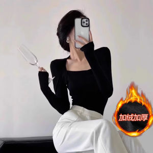 เสื้อเชิ้ตคอเหลี่ยมบุขนแกะหนาสำหรับผู้หญิง เสื้อชั้นในสไตล์ฝรั่งเศส ทรงเข้ารูป เสื้อคลุมกันหนาวฤดูใบไม้ร่วง/ฤดูหนาว