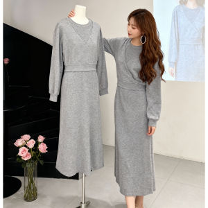 XIYUQI | Elegant Gray Faux Two-piece Long Sleeve Slimming Dress