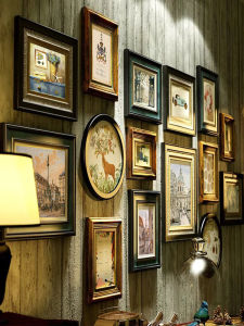 กรอบรูปติดผนังไม้แท้ติดผนังพื้นหลังห้องรับประทานอาหารห้องรับแขกสไตล์อเมริกันกรอบรูปติดผนังหรูหราเบาๆชุดกรอบรูปวินเทจแบบไม่เจาะรู