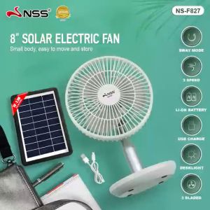 Nss solar electric fan 8 inch 3 speed stand fan adjustable rechargeable fan Energy saving portable small desk fan with panel