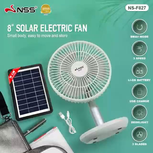 Nss Solar Electric Fan 8 Inch 3 Speed Stand Fan Adjustable Rechargeable 