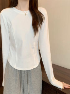 Slimming Effect White Asymmetric Long Sleeve Womens T-shirt Inner Wear Commute Style Korean Version Breathable Thin Material