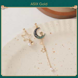 ASIX GOLD ต่างหูหยดน้ำมันพระจันทร์สีเขียวแบบไม่สมมาตร S925ต่างหูเงินน่ารักต่างหูแฟชั่นสตรีเกาหลีดีไซน์เฉพาะกลุ่มต่างหูของผู้หญิงพรีเมี่ยมต่างหูเม็ดกลมใช้ระหว่างเดินทางไปทำงานของขวัญที่ยอดเยี่ยมไม่ก่อให้เกิดภูมิแพ้