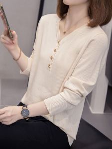 Ice Silk Knitted V Neck Base Shirt Womens Spring Autumn Thin Fashionable Inner Wear Large Size Belly Covering Top