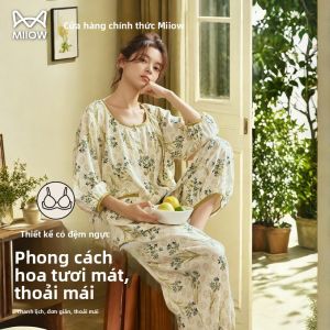 Bộ đồ ngủ MiiOW Cat Man cho nữ làm bằng cotton nguyên chất tay dài họa tiết hoa có đệm ngực