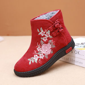Old Beijing Cloth Shoes Womens Winter Fleece-lined Heattech Ethnic Style Embroidered Ankle Boots Comfortable and Non-Slip Middle-Aged Mom Cotton Shoes
