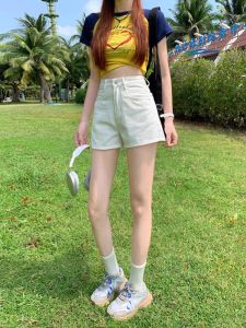 High Waist Denim Shorts Womens Summer Thin New Arrival Slim Looking Plus Size High A- line White Ultra Short Hot Pants