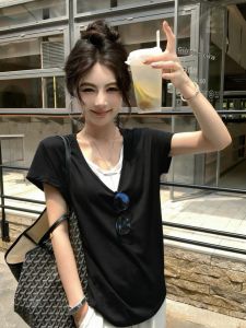 QIAOCHENXIAN | Áo Thun Dạng Giả Hai Mảnh Cổ V Tay Ngắn Rộng