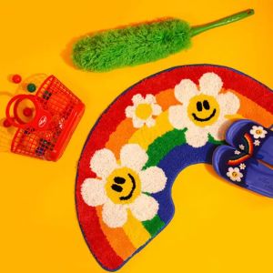 VIKAMA Cartoon Rainbow Floral Rug Soft Non-Slip Doormat For Home Use Bathroom Mat Bedside Rug For Bedroom Home Decor