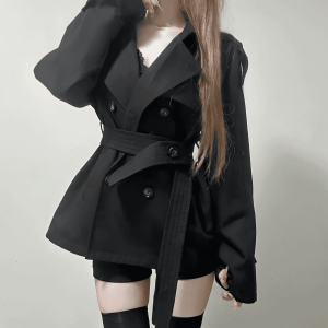 เสื้อแจ็คเก็ตผู้หญิงสีดำสไตล์อังกฤษ ทรงเข้ารูป กระดุมสองแถว แขนยาว ฤดูใบไม้ร่วง/ฤดูหนาว เสื้อโค้ทผู้หญิงสุดหรูหรา