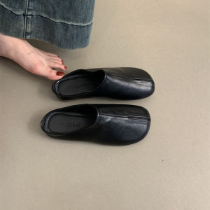 Ladies Soft Leather Slip-On round Toe Flat Bottom Casual Mules Summer Outdoor Wear Retro Half Slippers Comfortable Lazy People Shoes