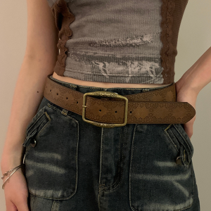 GoodHOs เข็มขัดหนัง PU สลักลายนูนสำหรับผู้หญิงเข็มขัดแฟชั่นสไตล์พังก์พิมพ์ลาย Y2K อเมริกาแบบย้อนยุคหรูหราเข็มขัดสาวๆ