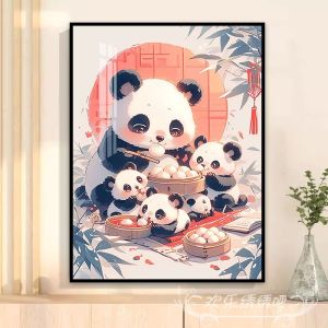 Warm Panda Family Cross Stitch Kit Half Finished Product Self Embroidery Diamond Sticker Full Diamond Material Package Modern Simple Style Cotton Fabric Living Room Decor