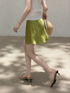 Cantonstory | Slimming Green Satin High Waist A-line Skirt